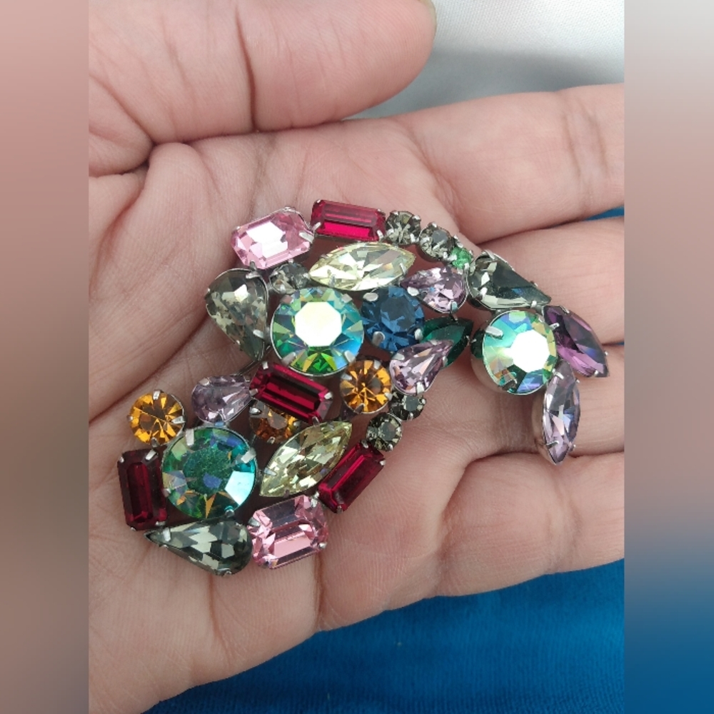 Signed JAY KEL Original Brooch Pendant Multicolored Rhinestones Vintage Large